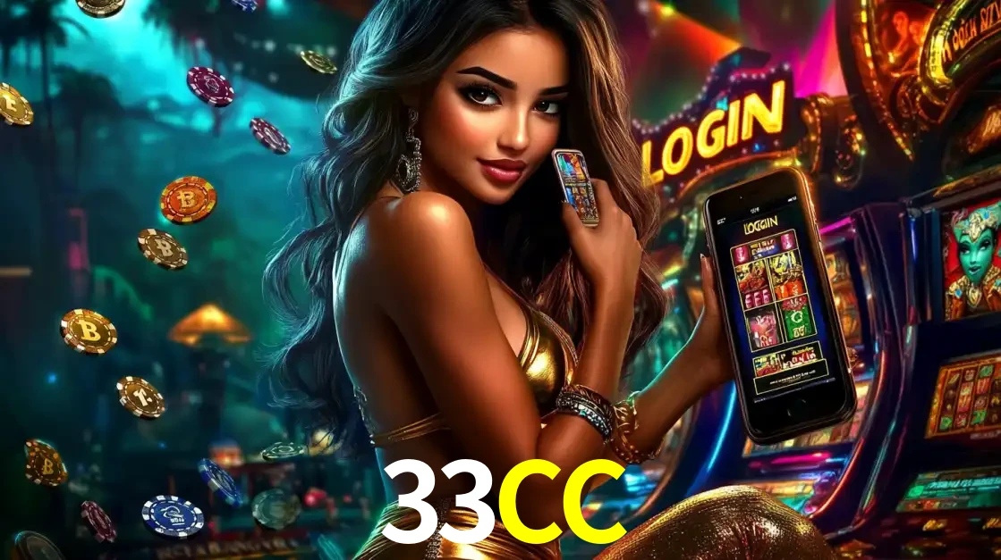 Mulher em um cenário de cassino temático de aventura, mostrando o app de caça-níqueis da 33CC no celular. Fichas de apostas flutuam ao redor.