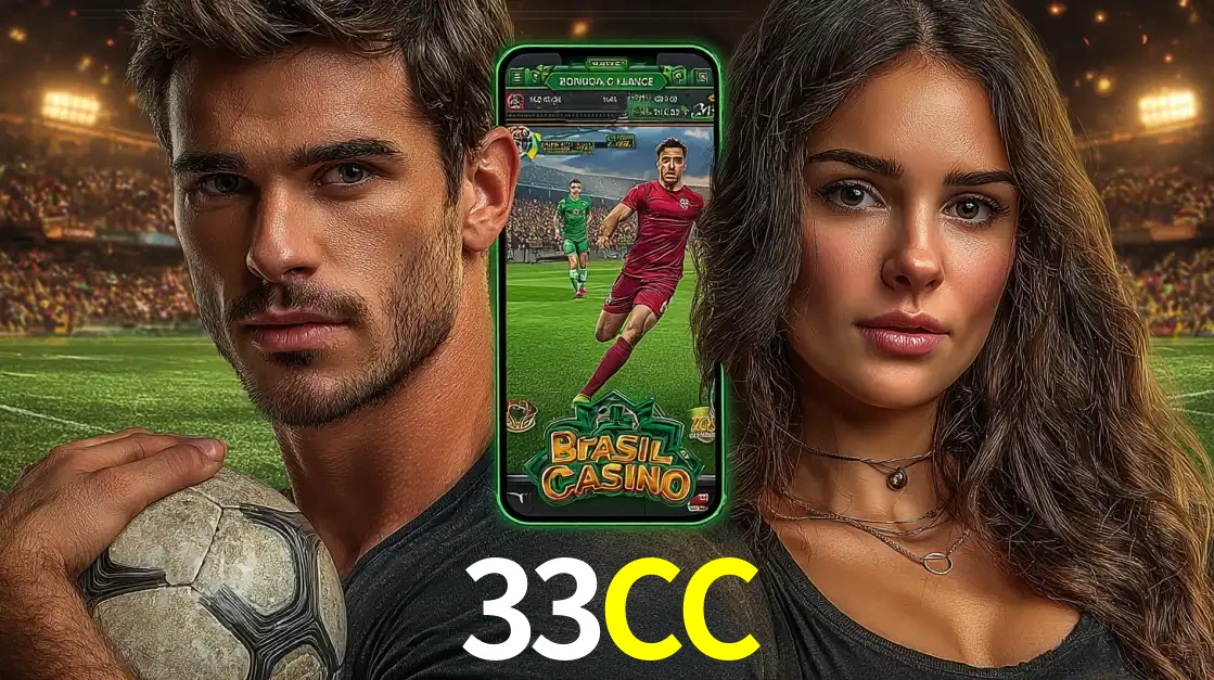 Homem segurando uma bola de futebol e uma mulher ao lado de um smartphone exibindo o jogo de apostas esportivas da 33CC. Faça seu palpite no cassino online.